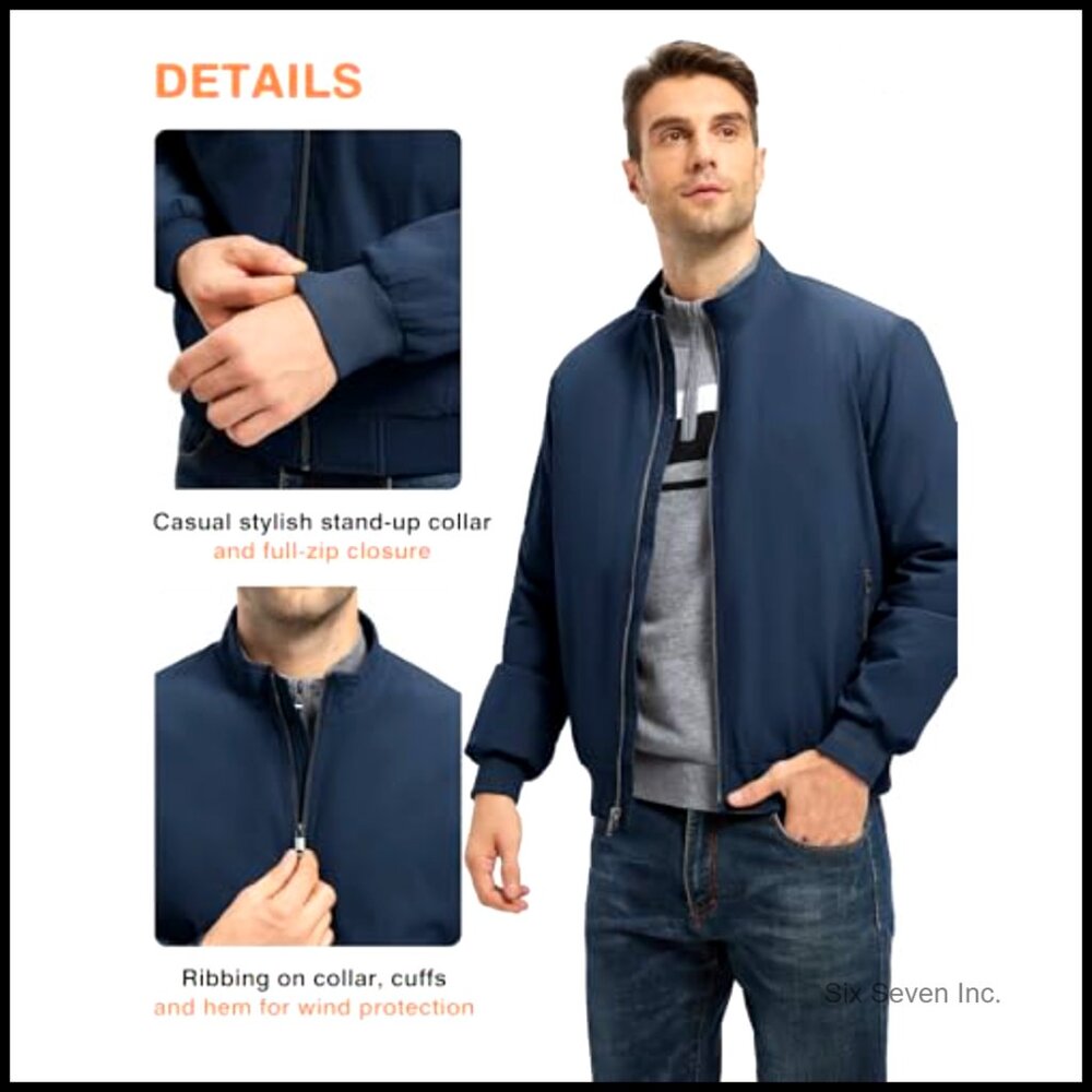 Men's Lightweight Bomber Jacket Water Resistant Windproof Quilted Full Zip - Picture 6 of 7